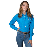 Women's Solid Turquoise Cotton Blend Western Shirt by Rockmount Ranch Wear with diamond snaps and sawtooth pocket
