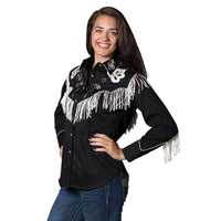Women's Vintage Black Fringe Embroidered Western Shirt by Rockmount Ranch Wear in black with fringe and hand chenille