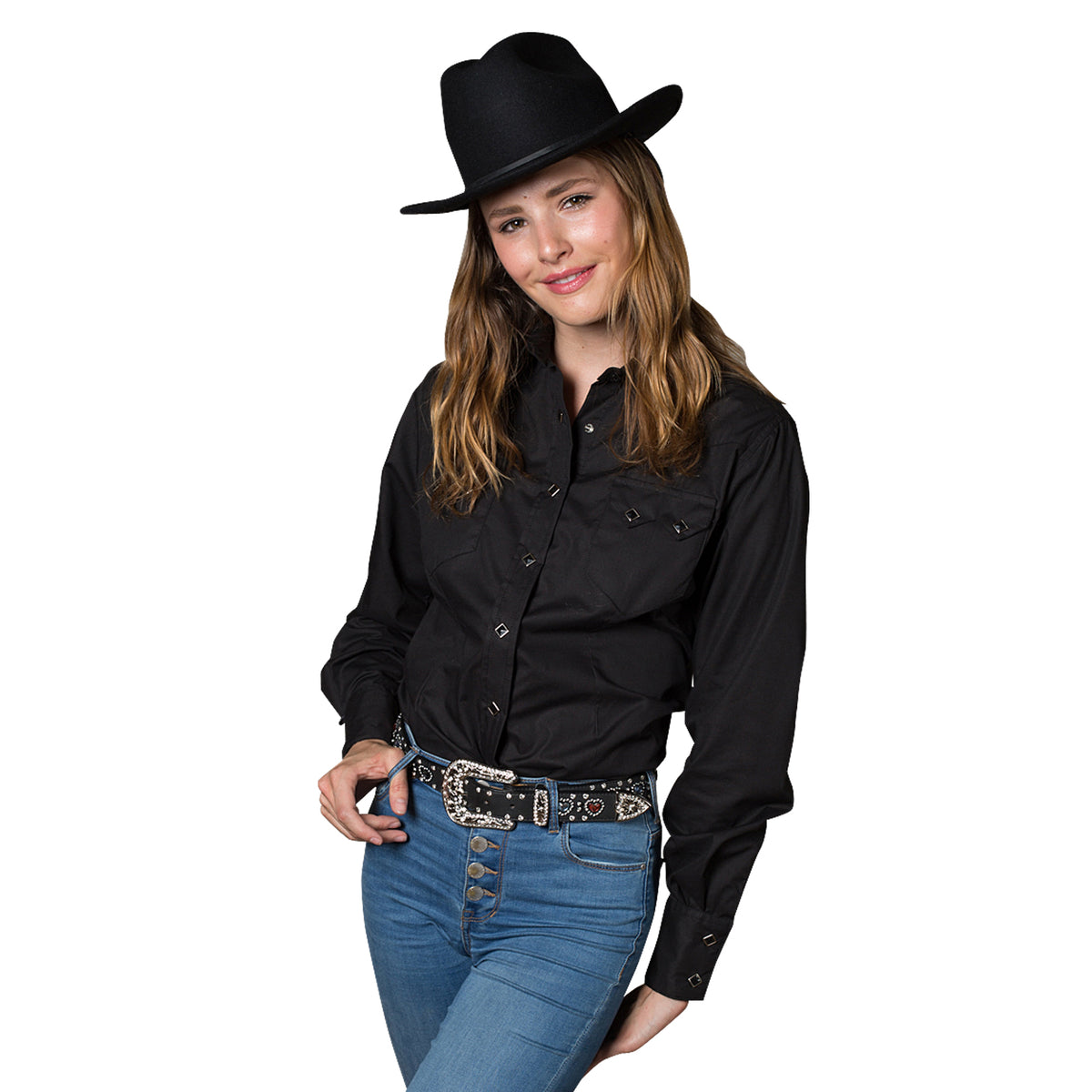 Women's Classic Pima Cotton Solid Black Western Shirt by Rockmount Ranch Wear with diamond snaps and sawtooth pockets