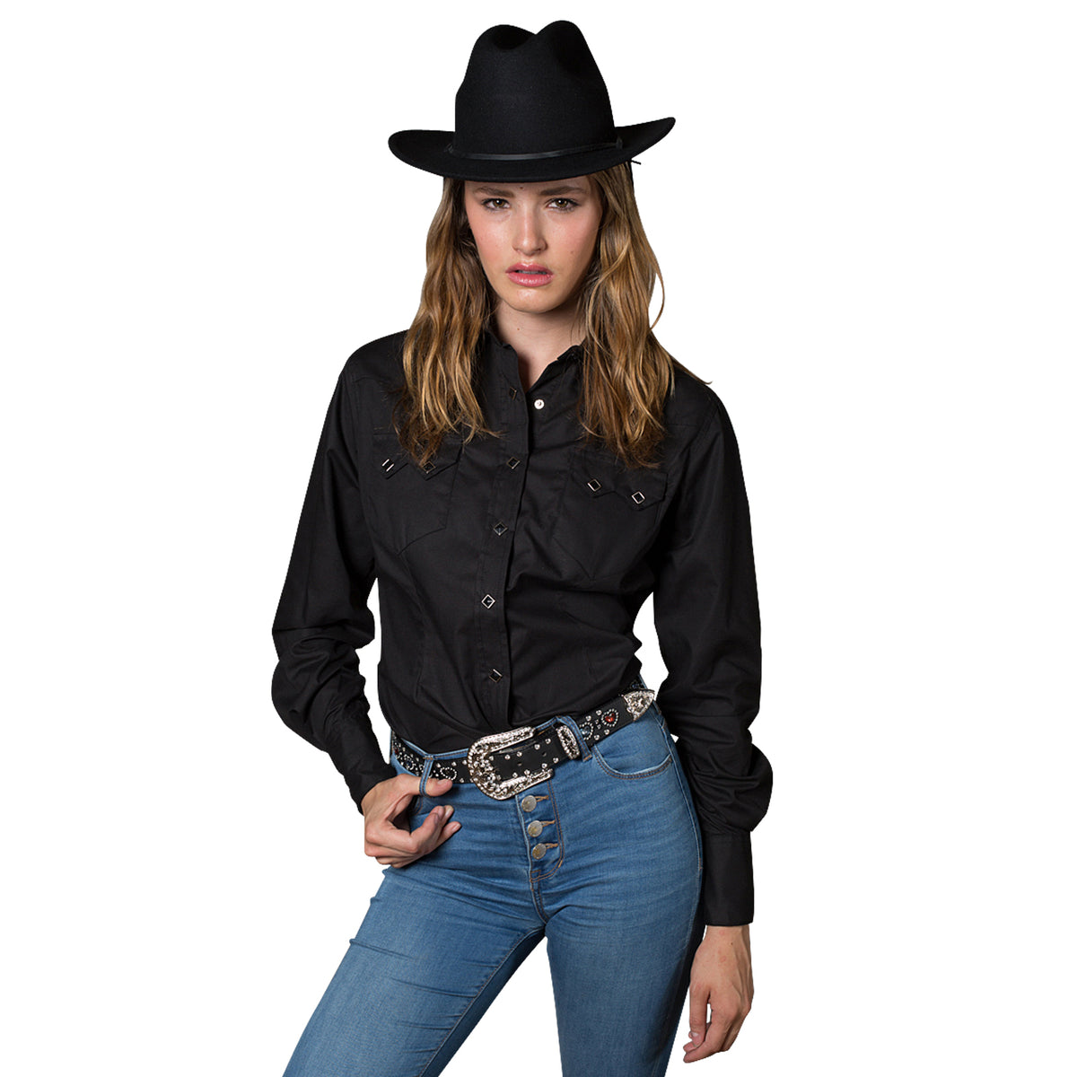 Women's Classic Pima Cotton Solid Black Western Shirt by Rockmount Ranch Wear with diamond snaps and sawtooth pockets