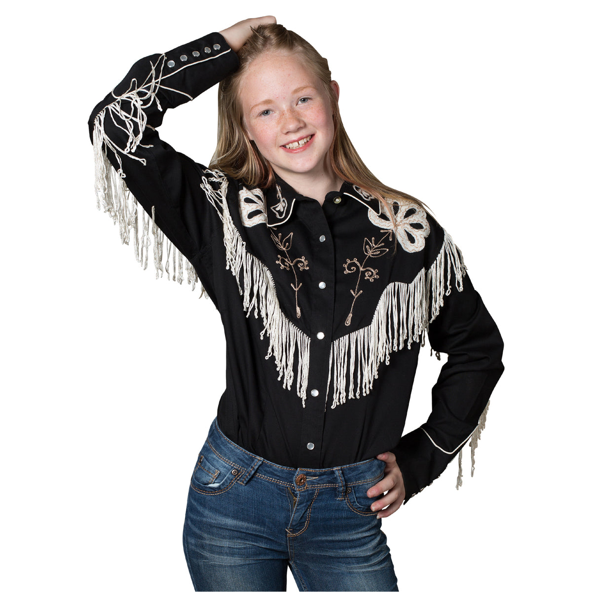 Kid's Vintage Black Embroidered Fringe Western Shirt by Rockmount Ranch Wear with genuine hand chenille embroidery