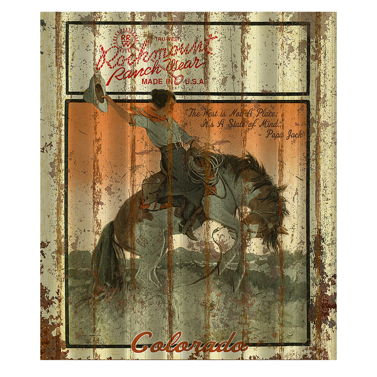 Cowgirl Bronc Corrugated Distressed Metal Western Sign by Rockmount Ranch Wear with distressed corrugated metal texture