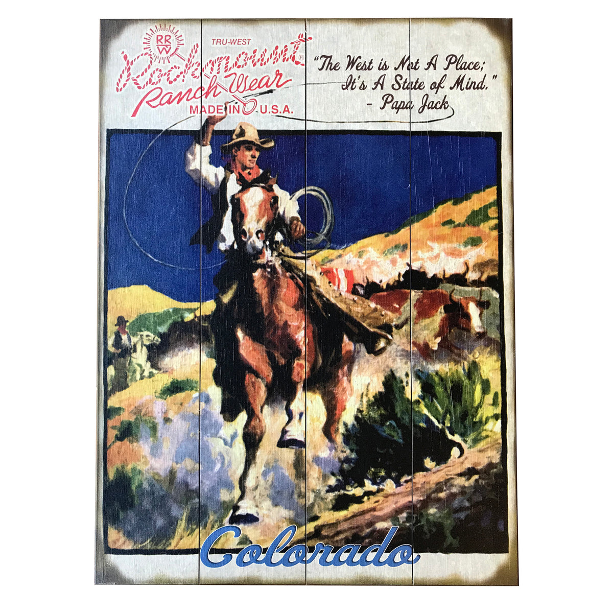 Cowboy Calf Roper Distressed Wood Western Sign, large Rockmount Ranch Wear vintage ranch wear wall decor