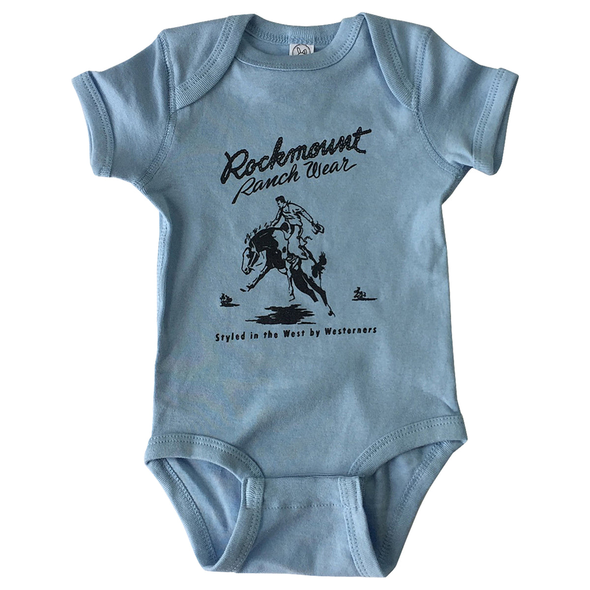 Baby Rockmount Blue Bronc 100 Cotton Western Onesie by Rockmount Ranch Wear with western bronc logo print